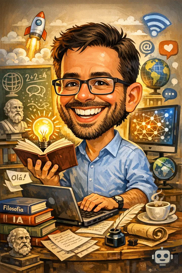 Ilustração de Andrews Jobim sorrindo, cercado de livros, computador e símbolos de filosofia e tecnologia